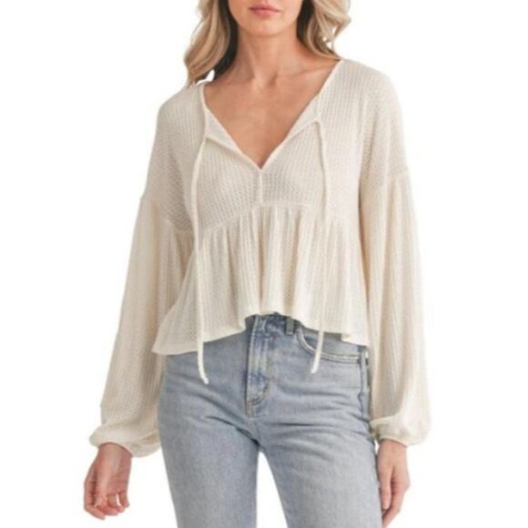 NEW LUSH NORDSTROM Cream Long Sleeve Waffle Knit Babydoll Top Size M - Picture 1 of 7